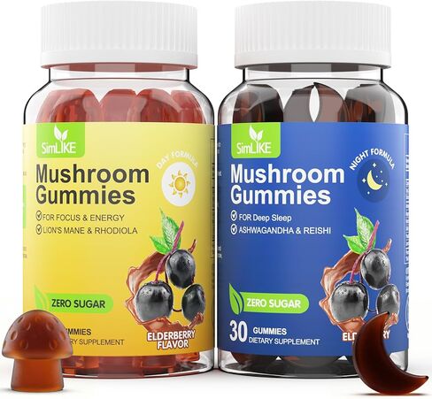 مكمل Simlike Mushroom Gummies للنوم والطاقة مع أشواغاندا وعرف الأسد، روتين النهار والليل، نكهة التوت البري، بدون سكر (كمية تكفي 30 يومًا) in Saudi Arabia