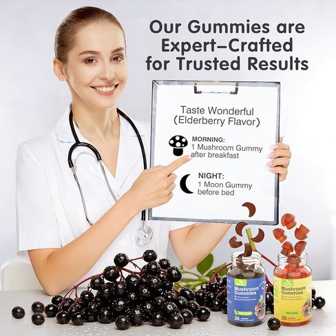 مكمل Simlike Mushroom Gummies للنوم والطاقة مع أشواغاندا وعرف الأسد، روتين النهار والليل، نكهة التوت البري، بدون سكر (كمية تكفي 30 يومًا) in Saudi Arabia
