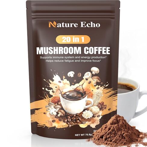 صدى الطبيعة 20 في 1 قهوة الفطر مع اشواغاندا | Lion's Mane وReishi وCordyceps والمزيد - مسحوق قهوة سريعة التحضير منخفض الكافيين للتركيز والطاقة ودعم المناعة والأمعاء | 2.5 أونصة | خالي من السكر in Kuwait