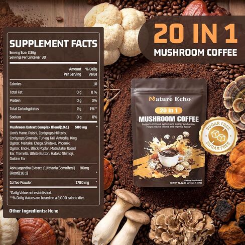 صدى الطبيعة 20 في 1 قهوة الفطر مع اشواغاندا | Lion's Mane وReishi وCordyceps والمزيد - مسحوق قهوة سريعة التحضير منخفض الكافيين للتركيز والطاقة ودعم المناعة والأمعاء | 2.5 أونصة | خالي من السكر in Kuwait