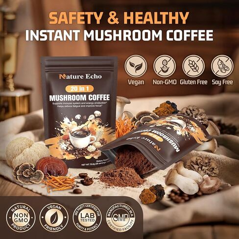 صدى الطبيعة 20 في 1 قهوة الفطر مع اشواغاندا | Lion's Mane وReishi وCordyceps والمزيد - مسحوق قهوة سريعة التحضير منخفض الكافيين للتركيز والطاقة ودعم المناعة والأمعاء | 2.5 أونصة | خالي من السكر in Kuwait
