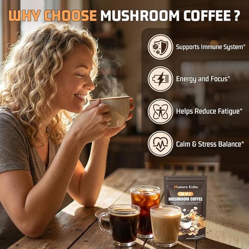 صدى الطبيعة 20 في 1 قهوة الفطر مع اشواغاندا | Lion's Mane وReishi وCordyceps والمزيد - مسحوق قهوة سريعة التحضير منخفض الكافيين للتركيز والطاقة ودعم المناعة والأمعاء | 2.5 أونصة | خالي من السكر in Kuwait