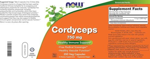 NOW Foods كورديسيبس 750 ملجم 200 كبسولة نباتية - فطر كورديسيبس سينينسيس العضوي في كبسولات غير عضوية - نباتي، غير معدّل وراثيًا in Saudi Arabia