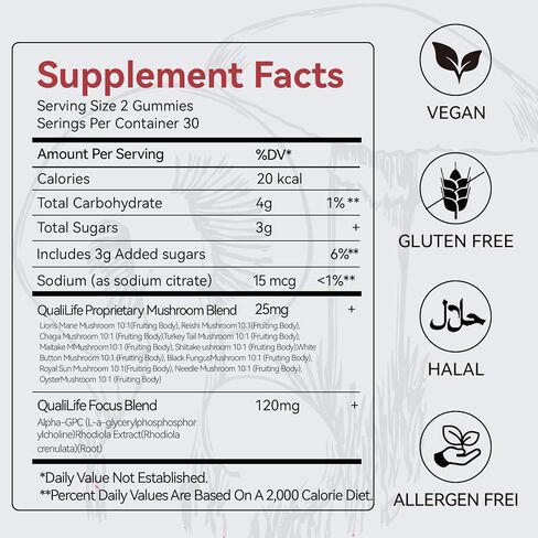 Mushroom Gummies with Lion’s Mane, Alpha-GPC & Rhodiola - 12 in 1 Mushroom Complex Supplement with Reishi, Cordyceps, Chaga & Turkey Tail – Brain Focus & Memory Support, 30 Servings in Saudi Arabia