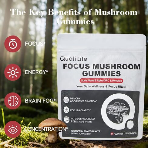 Mushroom Gummies with Lion’s Mane, Alpha-GPC & Rhodiola - 12 in 1 Mushroom Complex Supplement with Reishi, Cordyceps, Chaga & Turkey Tail – Brain Focus & Memory Support, 30 Servings in Saudi Arabia