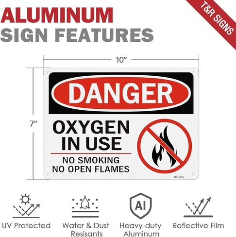 T&R Oxygen In Use Sign No Smoking No Open Flames Sign - 2 Pack - 10 x 7 Inches Rust Free .040 Aluminum Reflective - UV Protected, Waterproof, Weatherproof and Fade Resistant - 4 Pre-drilled Holes in Saudi Arabia