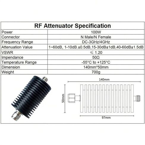 100W N-JK Type N Male Plug to Female Jack Attenuator DC-3Ghz/4Ghz 1/2/3/5/6/10/15/20/30/40/50/60db RF Coaxial Connector(10db,4GHz) in Saudi Arabia