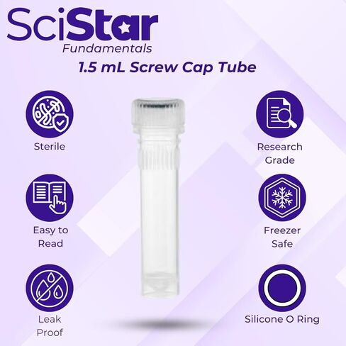 أنابيب ذات أغطية لولبية أساسية مع أغطية، بولي بروبيلين معقم، خالية من RNase/DNase، أغطية متدرجة، مانعة للتسرب، قابلة للتعقيم، مقاومة عالية للطرد المركزي (50 قطعة، 1.5 مل) in Kuwait