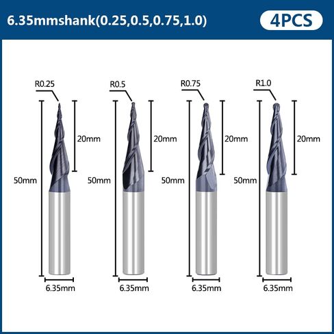 4 قطعة مطحنة نهاية كربيد التنغستن الصلبة R0.25-R1.0 2 الناي مدبب الكرة الأنف 1/4 "عرقوب CNC تفتق الخشب قاطعة المطحنة المعدنية in Saudi Arabia