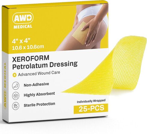 ضمادة زيروفورم بترولاتوم الطبية من AWD - وسادة شاش غير ملتصقة - رقعة شاش شبكية دقيقة معقمة - لوازم الرعاية الصحية للعناية بالجروح والحروق والتمزقات ومساعد ترقيع الجلد (صندوق من 25) (4 × 4 بوصات) in Kuwait