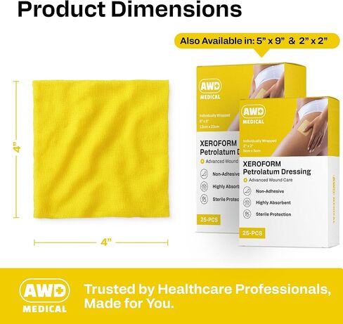 ضمادة زيروفورم بترولاتوم الطبية من AWD - وسادة شاش غير ملتصقة - رقعة شاش شبكية دقيقة معقمة - لوازم الرعاية الصحية للعناية بالجروح والحروق والتمزقات ومساعد ترقيع الجلد (صندوق من 25) (4 × 4 بوصات) in Kuwait