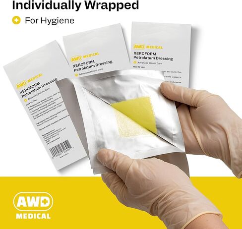 ضمادة زيروفورم بترولاتوم الطبية من AWD - وسادة شاش غير ملتصقة - رقعة شاش شبكية دقيقة معقمة - لوازم الرعاية الصحية للعناية بالجروح والحروق والتمزقات ومساعد ترقيع الجلد (صندوق من 25) (4 × 4 بوصات) in Kuwait