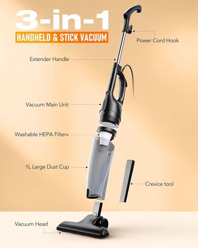 Avvnee Corded Stick Vacuum Cleaner, 15000Pa Strong Suction 600W Motor, Ultra-Lightweight 3lbs, Ideal for Pet Hair & Hard Floors, with Crevice Tool, 1L Dust Cup, 16.7ft Power Cord, Black in Saudi Arabia