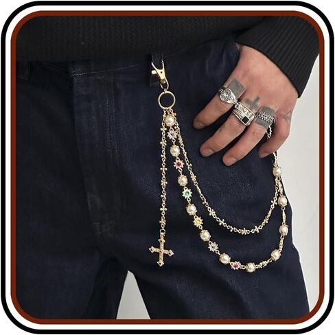 Pants Chains For Men Women, Wallet Chain Pearl Rhinestone Cross Layered Chains Punk Jeans Key Chain Exquisite Flower Body Accessories in Kuwait