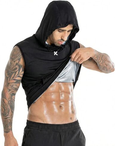 قميص ساونا بغطاء للرأس للرجال من Kewlioo، سترة للعرق تحبس الحرارة، سترة ساونا للرجال بدون أكمام للتمرين، تمارين القلب in Kuwait