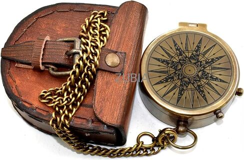 بوصلة نحاسية عتيقة مع حقيبة جلدية - بوصلة جيب للعمل بلمسة نهائية عتيقة - بوصلة بحرية مصنوعة يدويًا للتخييم والمشي لمسافات طويلة والكشافة والمغامرة والهدايا للرجال in Kuwait