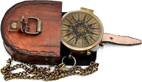 بوصلة نحاسية عتيقة مع حقيبة جلدية - بوصلة جيب للعمل بلمسة نهائية عتيقة - بوصلة بحرية مصنوعة يدويًا للتخييم والمشي لمسافات طويلة والكشافة والمغامرة والهدايا للرجال in Kuwait