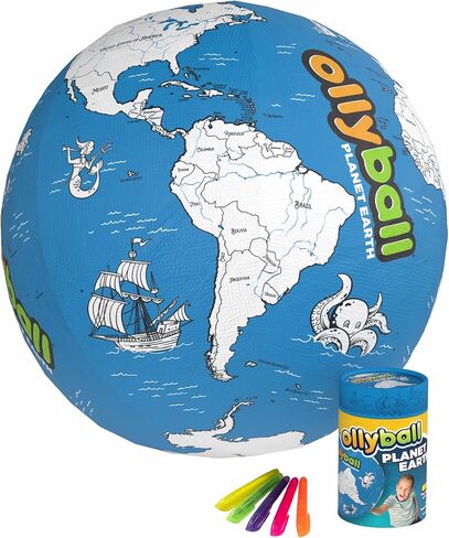 Ollyball Planet Earth 22" Mega – Large Bouncy Ball for Kids Indoor and Outdoor Play – Giant Inflatable Ball for Exercise – STEAM Accredited Colorable World Map with 24-Page Lesson Plan in Kuwait