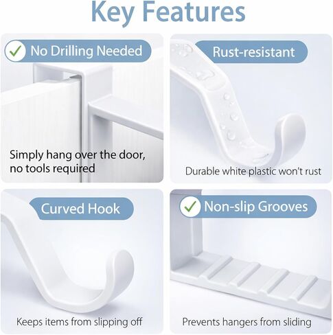 Over The Door Hook 2 Pack - White Plastic Single Hanger for Towels, Robes, and Coats - Easy-to-Install Space Saver for Bathroom, Bedroom, and Closet Storage in Saudi Arabia