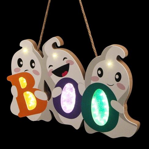 FINGOOO Halloween Door Decor Hanging Sign, BOO Ghost Halloween Door Hanger with Light for Front Door Decorations Outdoor in Saudi Arabia