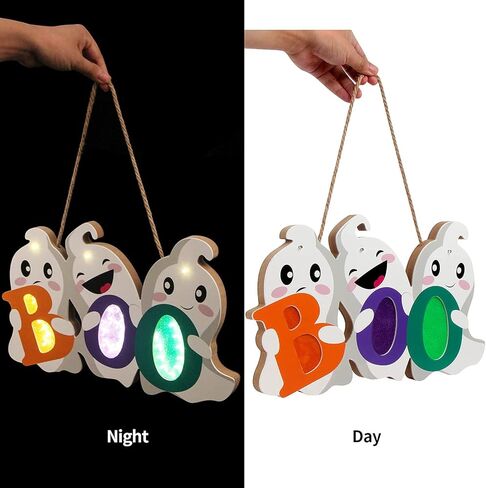 FINGOOO Halloween Door Decor Hanging Sign, BOO Ghost Halloween Door Hanger with Light for Front Door Decorations Outdoor in Saudi Arabia