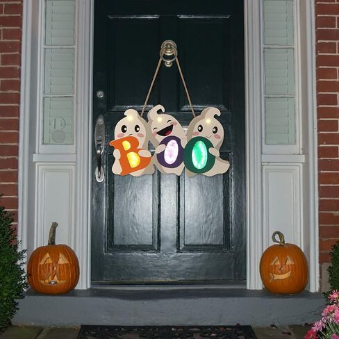 FINGOOO Halloween Door Decor Hanging Sign, BOO Ghost Halloween Door Hanger with Light for Front Door Decorations Outdoor in Saudi Arabia