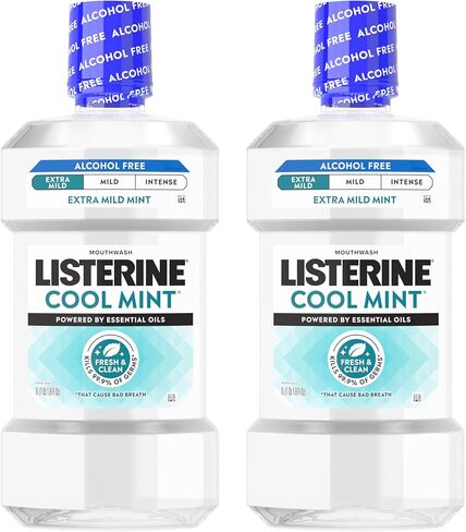 Listerine Extra Mild Alcohol-Free Mouthwash, Oral Rinse Powered by Essential Oils Kills 99.9% of Germs That Cause Bad Breath for A Clean* Mouth, No Added Dyes, Mild Cool Mint Flavor, 1L in Kuwait