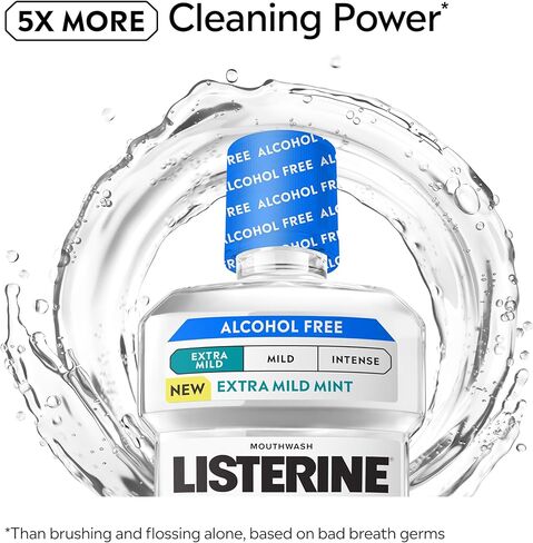 Listerine Extra Mild Alcohol-Free Mouthwash, Oral Rinse Powered by Essential Oils Kills 99.9% of Germs That Cause Bad Breath for A Clean* Mouth, No Added Dyes, Mild Cool Mint Flavor, 1L in Kuwait