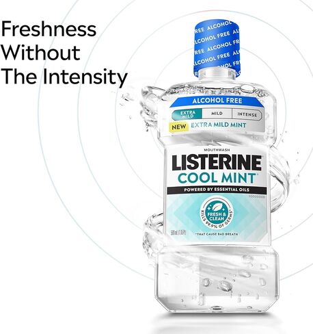 Listerine Extra Mild Alcohol-Free Mouthwash, Oral Rinse Powered by Essential Oils Kills 99.9% of Germs That Cause Bad Breath for A Clean* Mouth, No Added Dyes, Mild Cool Mint Flavor, 1L in Kuwait