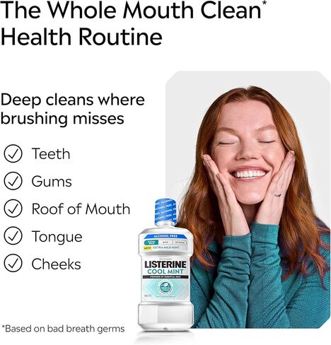 Listerine Extra Mild Alcohol-Free Mouthwash, Oral Rinse Powered by Essential Oils Kills 99.9% of Germs That Cause Bad Breath for A Clean* Mouth, No Added Dyes, Mild Cool Mint Flavor, 1L in Kuwait