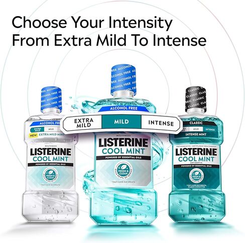 Listerine Extra Mild Alcohol-Free Mouthwash, Oral Rinse Powered by Essential Oils Kills 99.9% of Germs That Cause Bad Breath for A Clean* Mouth, No Added Dyes, Mild Cool Mint Flavor, 1L in Kuwait
