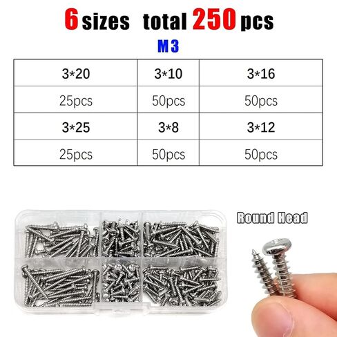 250-1010 قطعة 1 صندوق M1.2 M1.4 M1.7 M2 M3 M4 فيليبس شقة غاطسة مستديرة عموم رئيس الخشب الذاتي التنصت المسمار مزيج أحجام مجموعة 304 الفولاذ المقاوم للصدأ (مستديرة M3 250 قطعة) in Kuwait