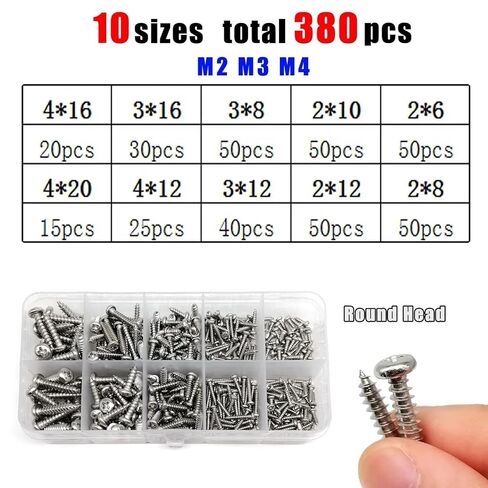 250-1010 قطعة 1 صندوق M1.2 M1.4 M1.7 M2 M3 M4 فيليبس شقة غاطسة مستديرة عموم رئيس الخشب الذاتي التنصت المسمار مزيج أحجام مجموعة 304 الفولاذ المقاوم للصدأ (380 قطعة مستديرة) in Kuwait