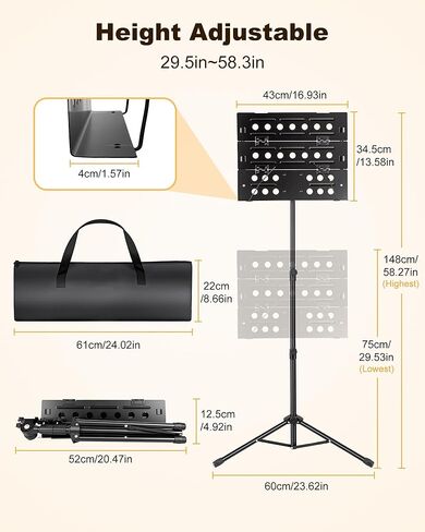 حامل موسيقى النحل الجديد، حامل أوراق موسيقية قابل للطي مع لوحة ثلاثية الطي وحقيبة حمل، حامل كتب معدني قابل للتعديل للارتفاع للجلوس/الوقوف، أداء احترافي والسفر in Kuwait