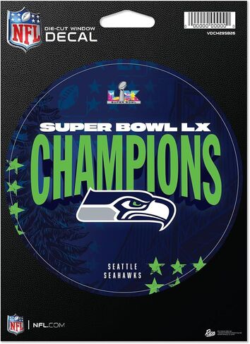 ملصق من الفينيل مقطوع بالقالب مقاس 5 بوصات × 7 بوصات من Rico Industries NFL Seattle Seahawks 2026 Super Bowl LX Champions - ملحقات السيارة/الشاحنة/المنزل - سياتل سي هوكس 2026 in Saudi Arabia