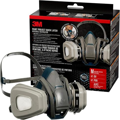 جهاز تنفس 3M P95/OV Paint Project Quick Latch قابل لإعادة الاستخدام 6502QL، حجم متوسط، خرطوشة بخار عضوية معتمدة من NIOSH ومرشحات مصنفة P95، مع صمام تدفق بارد 3M ونظام مزلاج سريع (6502QLPA1-A-PS) in Kuwait