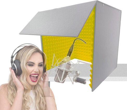 مكعب عزل الميكروفون، كشك صوت محمول، كشك تسجيل صوتي، كشك استوديو منزلي، غطاء عازل للصوت لسطح المكتب، مناسب للاستوديو والمدونة والاستخدام الصوتي، أصفر - 80 * 80 * 80 سم in Kuwait
