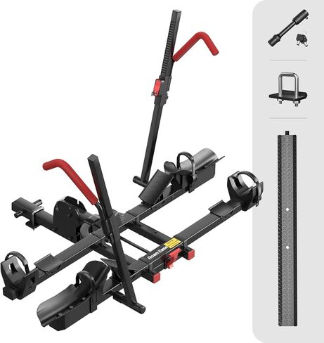 Hitch Mount Ebike Rack with Ramp, 170lbs Capacity for 2 E-Bikes, Foldable Electric Bike Carrier Up to 5-inch Fat Tire Bicycle for 2'' Receiver, Red in Saudi Arabia