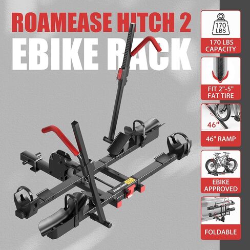Hitch Mount Ebike Rack with Ramp, 170lbs Capacity for 2 E-Bikes, Foldable Electric Bike Carrier Up to 5-inch Fat Tire Bicycle for 2'' Receiver, Red in Saudi Arabia