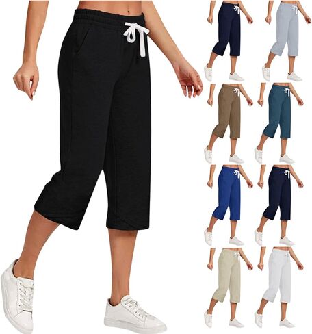 سروال كابري نسائي بخصر مرن لليوجا كابريس واسع الساق مستقيم بنطال رياضي قصير للتمرين سروال فضفاض للاستراحة in Kuwait