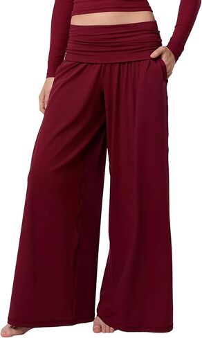 Colorful world Women's Fold Over Wide Leg Mid-Waist Pants Palazzo Lounge Flare Yoga Pant Loose Gym Sweatpants with Pockets in Saudi Arabia