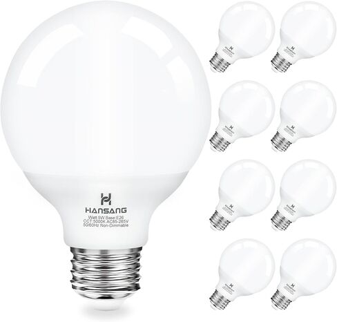 مصابيح الإضاءة العالمية hansang G25 LED، ما يعادل 60 وات، حمام ضوء النهار 5000 كلفن، قاعدة E26، جولة الغرور صديقة للعين، مثالية لمرآة مكياج الغرور، 120 فولت CRI85+ 4 عبوات غير قابلة للتعتيم in Kuwait