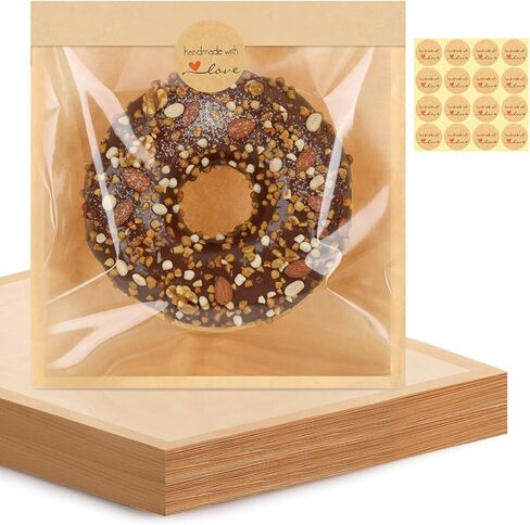 120 Pack Cookie Bags with Seal, 5.7x6.5 Inch Self Sealing Kraft Bakery Bags with Window, Heat Sealable & Grease Resistant To Go Sleeves for Donuts Treat Scone Brownie Waffle Mothers Day Snacks in Saudi Arabia