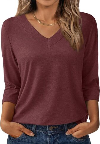 3/4 Length Sleeve Womens Tops V Neck Casual Tunic Loose Fit Basic Shirts Trendy Tops for Women 2025 in Saudi Arabia