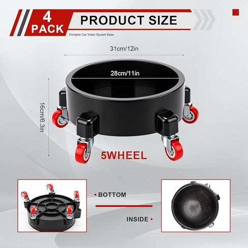 Cinnvoice 4 Pcs Bucket Dolly 5 Gallon 12" Car Wash Bucket with Wheels 360 Degree Turning Removable Round Buckets for Car Washing Detailing Construction Garden Garage Supplies in Saudi Arabia