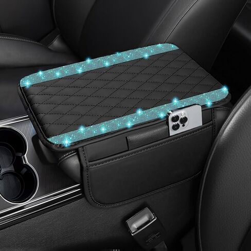NBTEPEM Bling Car Center Console Cover, Leather Car Arm Rest Cover Cushion with 2 Storage Bags, Universal Car Middle Console Cover Car Accessories Interior for Most Vehicles (Silver Diamond) in Kuwait
