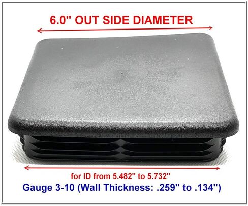 6" Square Flat Top Cap 3-10 Ga (Grip Range 5.48" to 5.73") Made in USA by Caplugs Black in Saudi Arabia