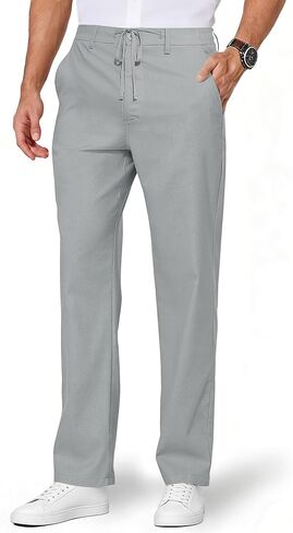 Mens Linen Pants Casual Linen Dress Pants Drawstring Summer Beach Lightweight Trousers with 4 Pockets in Kuwait