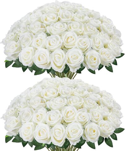 InnoGear 50 Pcs White Roses Artificial Flowers, Fake Velvet Silk Rose Bulk Faux Flower for Decoration DIY Wedding Centerpieces Proposal Bridal Bouquets Shower Party Home Floral Decor (50, White) in Saudi Arabia