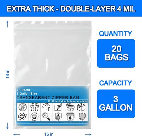 20 Pack 3 Gallon Large Plastic Zipper Storage Bags, 16x18 Inch, Thick 4 mil Reusable Clear Zipper Bags with Seal Lock for Clothes, Travel, Moving & Organization in Saudi Arabia